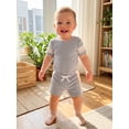 thumbnail image 5 of BemeyourBBs Newborn Baby Boys Summer Clothes Infant Baby Boy Waffle Summer Outfit 0 3 6 12 18 Months Striped Short Sleeve Romper and Elastic Shorts Set 2 Piece Set, 5 of 9