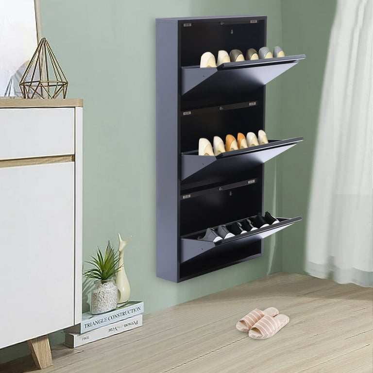 Flkoendmall Wall Mounted Modern Shoe Rack-No-Assembly 3 Drawer Storage Metal Cabinet, Size: 50.5*12.2*103.3cm/19.88*4.8*40.67inch, Gray