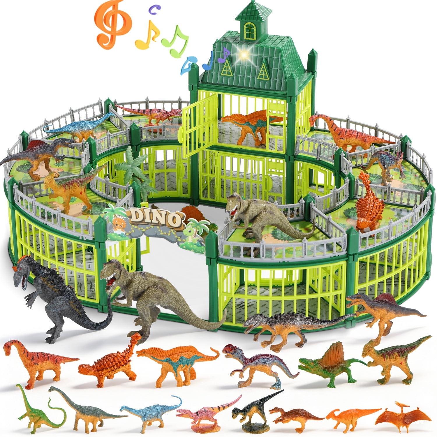 JoyStone 215PCS Dinosaur Figures Playset with Lights & Music, Dinosaur Park Toy Set with Arena, 18 Dinosaurs & Trees, Green