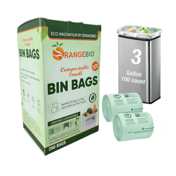 OrangeBio 3 Gallon Green Small Kitchen Household Home Compostable Bags, 200 Bags