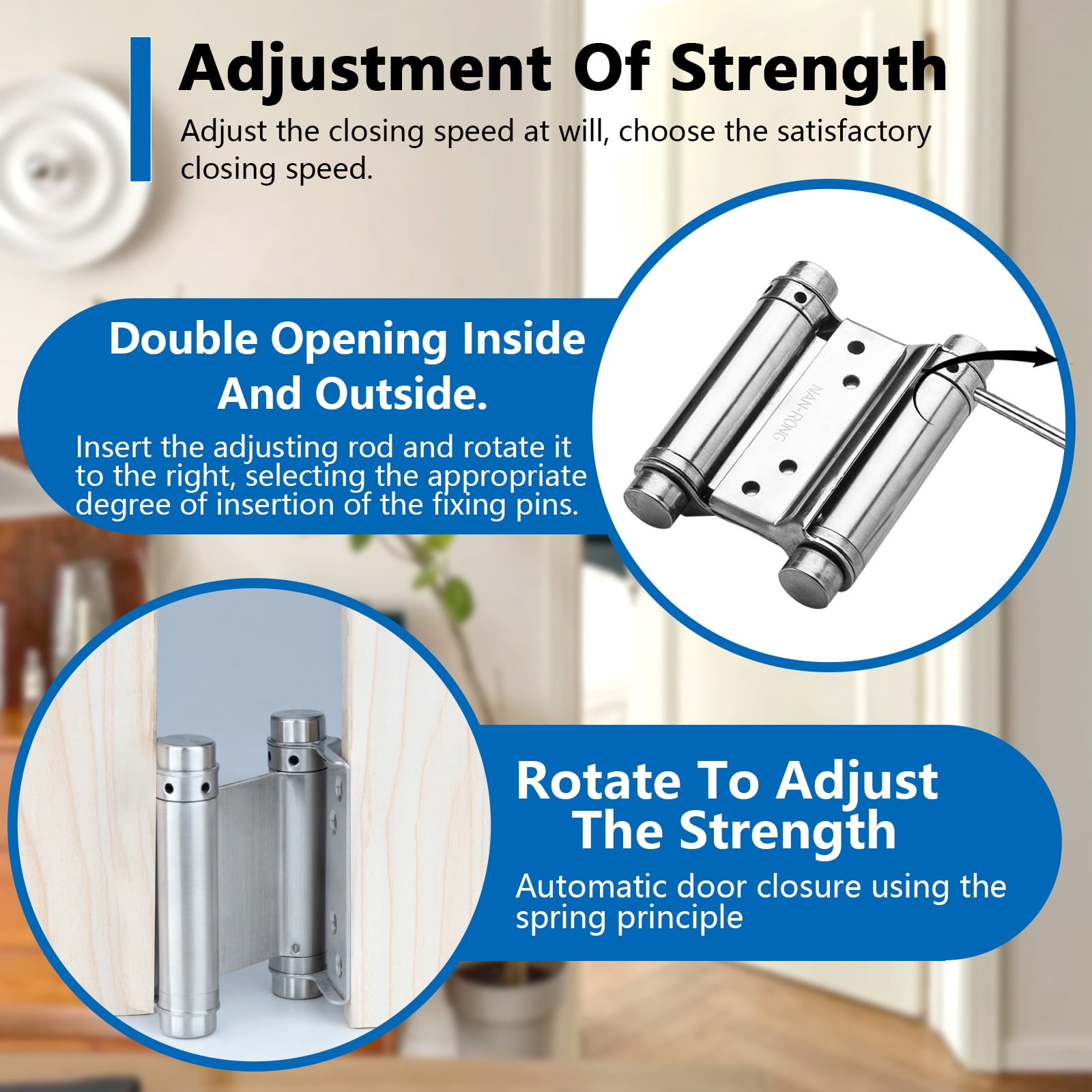 4 Pack 3" Double Action Spring Hinges, Self Closing Door Hinges for Saloon Cafe Pub Swinging Doors, Including Pins and Screws