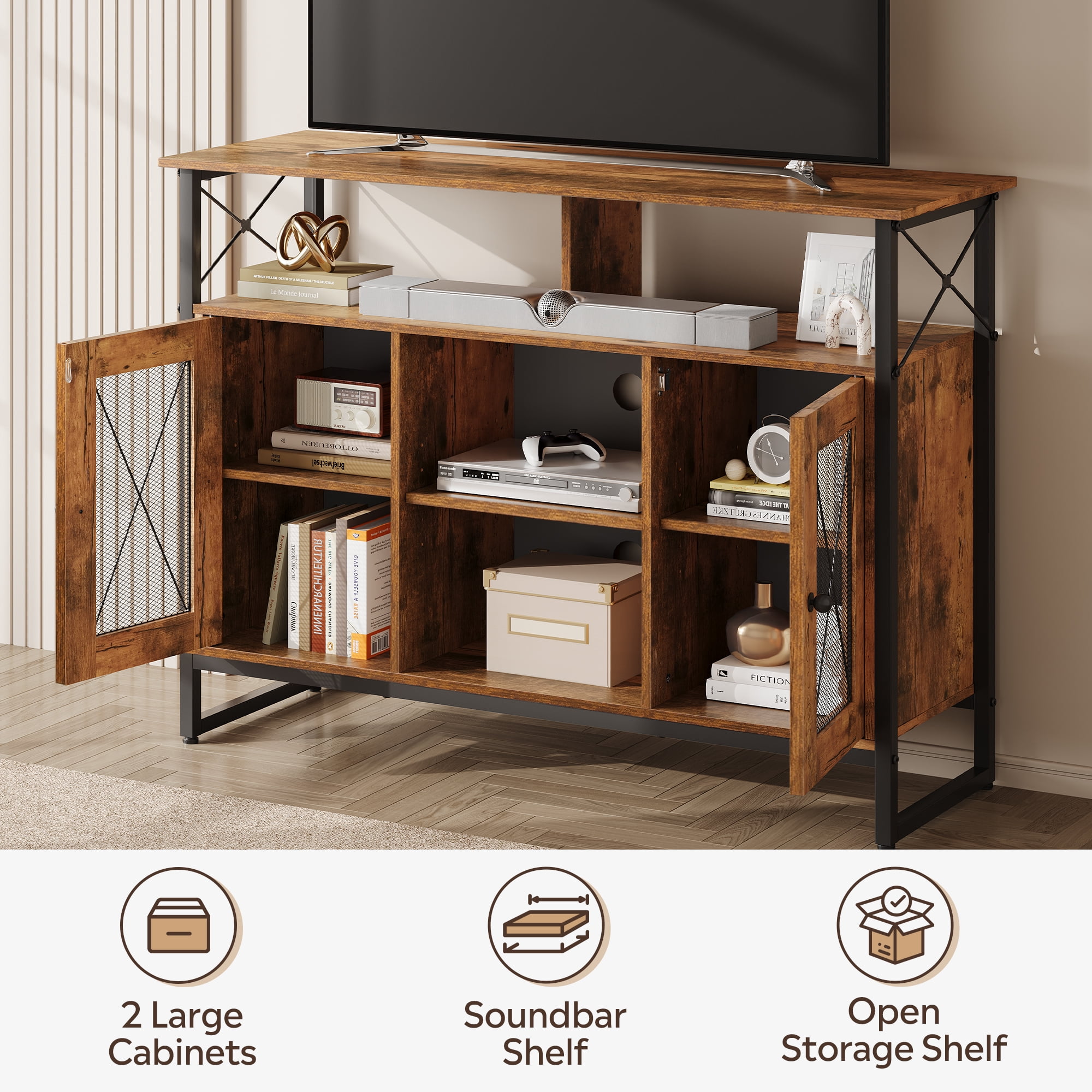 GALAXHERO TV Stand for 43 inch TV Small Entertainment Center with Storage Cabinet & Adjustable Shelves Farmhouse Industrial TV Table for Living Room and Bedroom, 32" TV Console, Rustic Brown