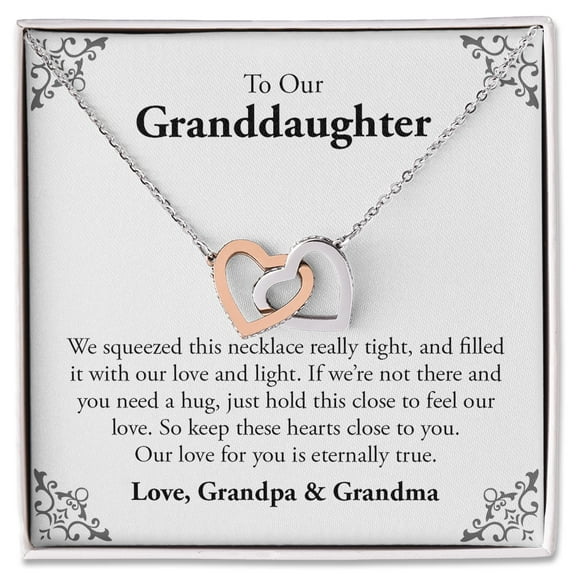Interlocking Heart Necklace for Granddaughter from Grandparents, Gift from Grandma and Grandpa, Yellow and White Tone Jewelry, Includes Message Card, Sentimental Gift for Her