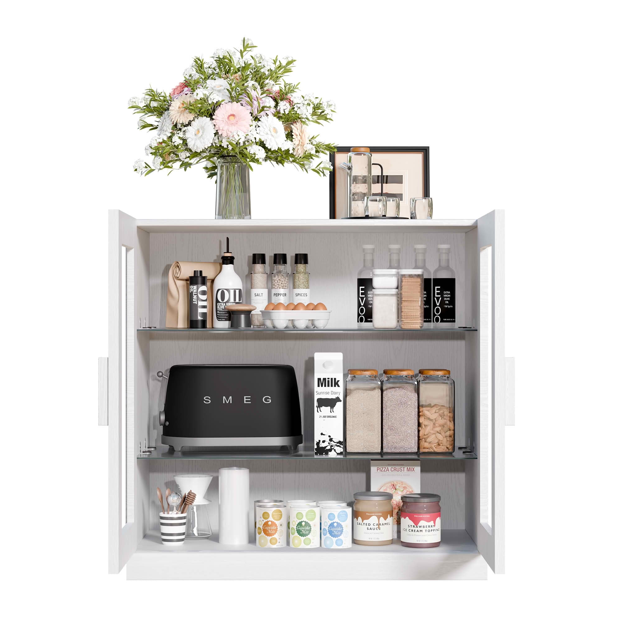 MAYEERTY 31x31x16 Inch White Wood Grain Storage Cabinet with Glass Door for Living Room