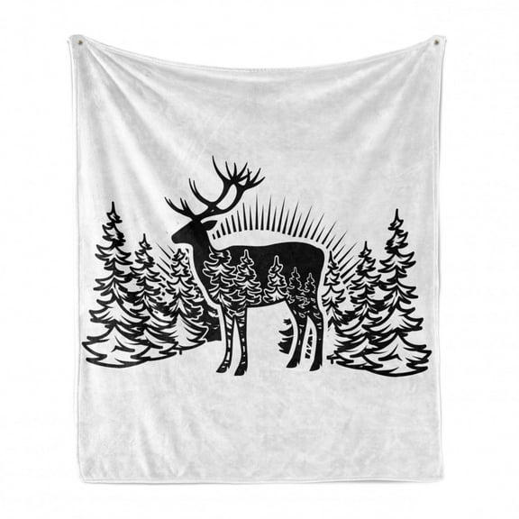 Deer Hunting Soft Flannel Fleece Throw Blanket, Reindeer Horns Spruce Forest Ornamentals Nature Illustration, Cozy Plush for Indoor and Outdoor Use, 60" x 80", Charcoal Grey White, by Ambesonne