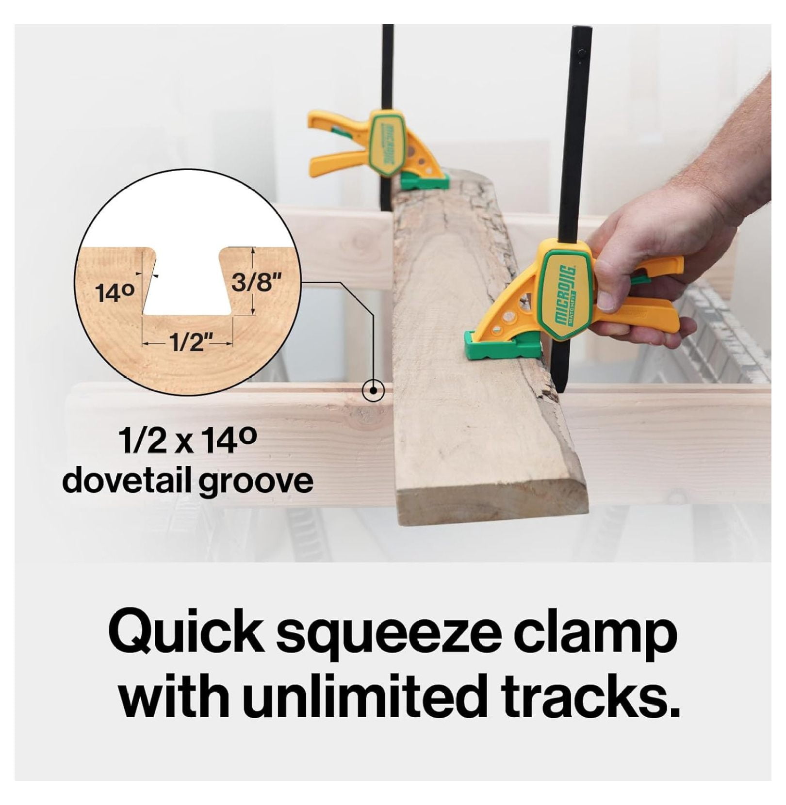 Matchfit Grr-rip Clamp (4-Pack), Dovetail Track Clamps, Squeeze Action Dovetail Clamps for Jigs, Sleds, Workbenches, DVC-625QCK2X4, Yellow