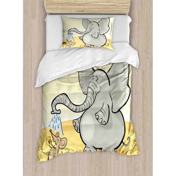 Animal Duvet Cover Set, Funny Bathing Mouse Trunk in the Desert Cartoon Animal Print, Decorative 2 Piece Bedding Set with 1 Pillow Shams, Twin Size, Grey Yellow Cream, by Ambesonne