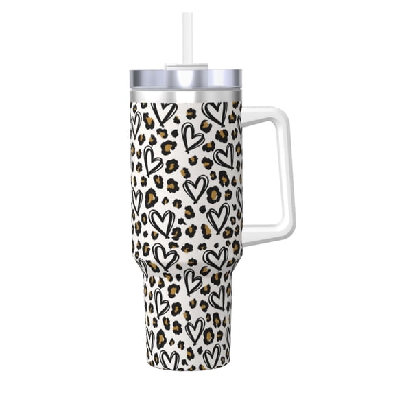 Picia Heart Leopard Pattern 40oz Ice Bully Insulated Tumbler with Handle, Double-Wall Stainless Steel Cup, Leak-Proof Lid and Straw