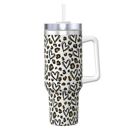 

Gaeub Heart Leopard Print Stainless Steel Hot/Cold Coffee Cup 40oz Ice Bully Cup With Handle And Straw Travel Coffee Cup