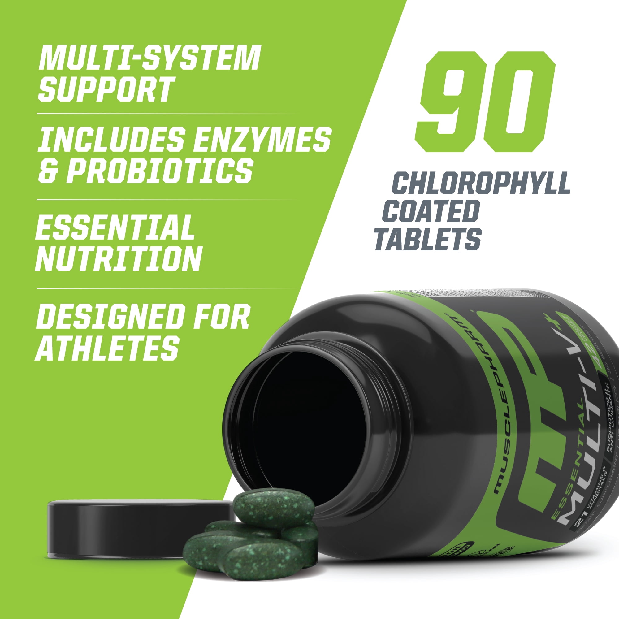 MusclePharm Essentials Multi-V+ The Athlete's Multi-Vitamin, Enhanced Energy, Performance & Immune Health, Daily Multivitamin for Men & Women with Minerals Plus Probiotics, 90 Tablets, 30 Servings