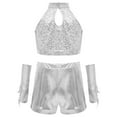 thumbnail image 6 of inlzdz Kids Girls Jazz Latin Dance Outfits Sequin Halter Crop Tops with Shorts Tassel Gloves Dancewear Silver 16, 6 of 7
