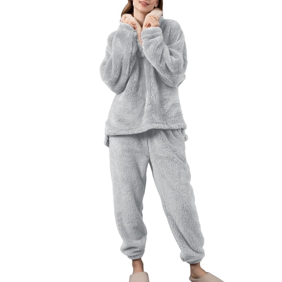 SWSMCLT Women's Fleece Pajama Set 2 Piece Fluffy Pjs Long Sleeve Shirt Pants Set Ladies Cute Winter Fall Warm Thermal Loose Baggy Oversized Plush Lounge Set Loungewear Grey Medium
