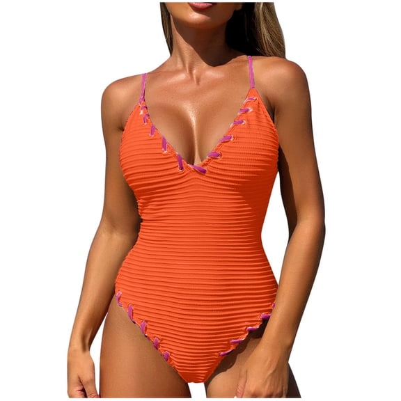 BUIGTTKLOP Womens Criss Cross 1 Piece Swimsuits V Neck Ribbed Swimwear High Cut Summer Bathing Suit