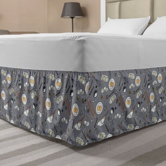 Bakery Bed Skirt, Top View of Various Baking Ingredients and Items, Elastic Bedskirt Dust Ruffle Wrap Around for Bedding Decor, 4 Sizes, Purpleblue Multicolor, by Ambesonne