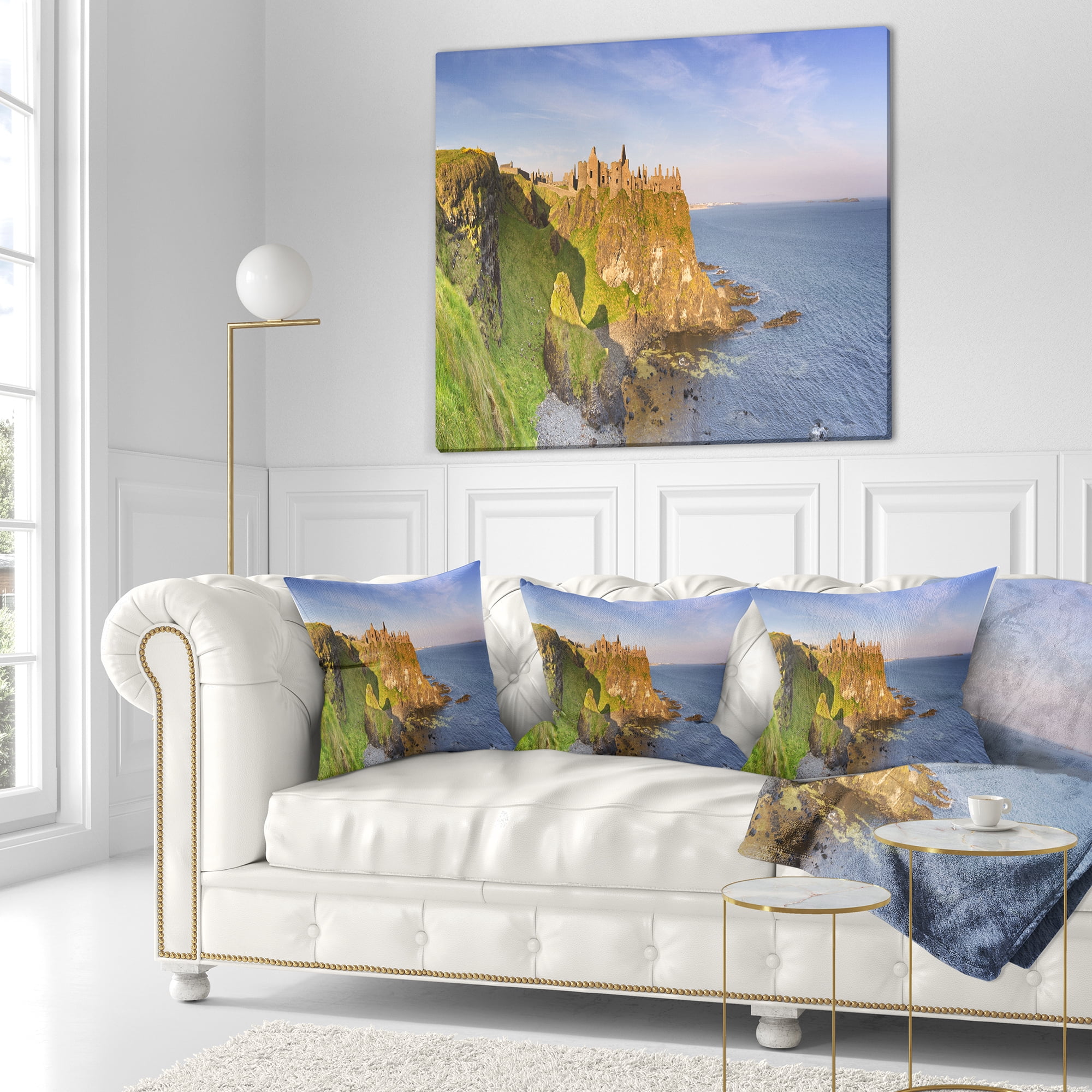 Designart Dunluce Castle in Northern Ireland - Seascape Throw Pillow - 16x16