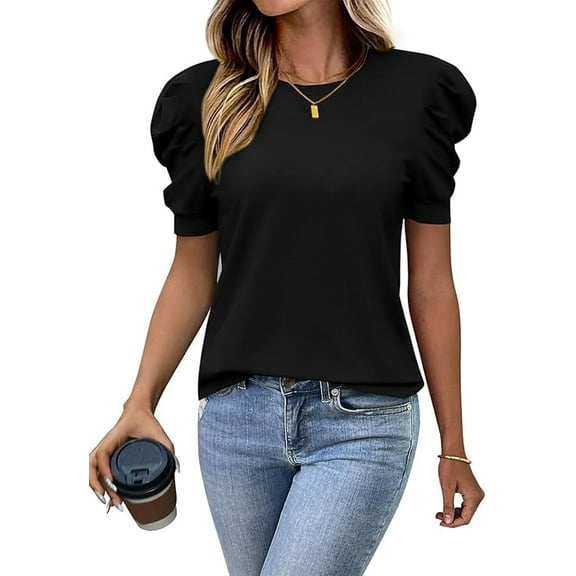 PRETTYGARDEN Women's Puff Short Sleeve Tops for Women Trendy Summer Casual Crewneck T Shirt Business Work Blouse