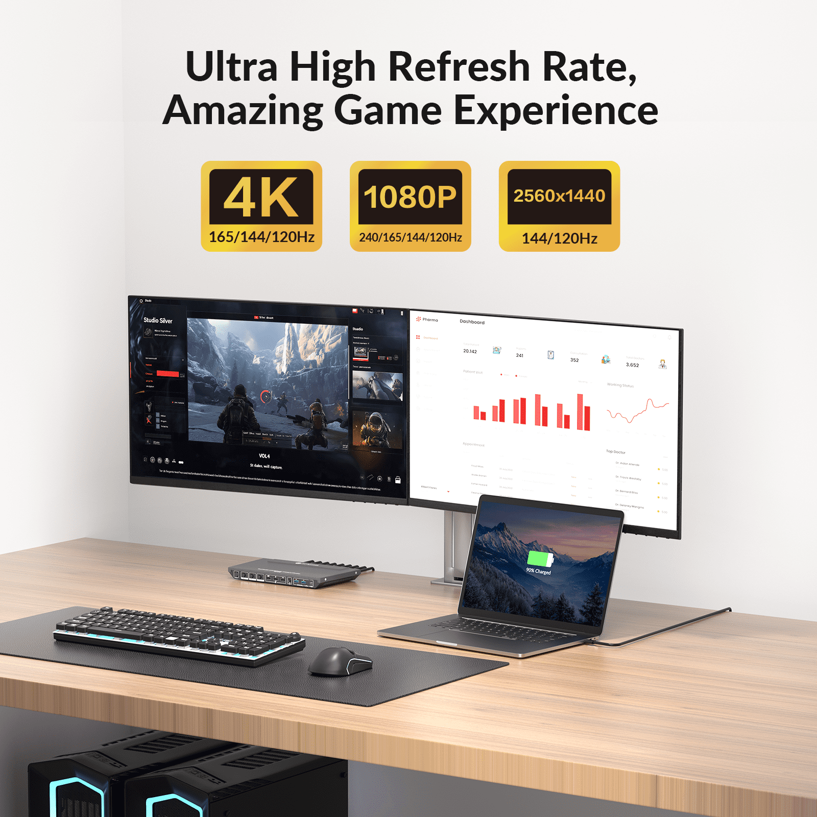 AV Access Docking Station KVM Switch 1 Laptop & 2 Desktop PCs, Dual 4K@60Hz Monitors, EDID Emulation, 100W USB C Charging, Gigabit Ethernet,High Refresh Rates,Ideal for Gaming, Office & Creative Work