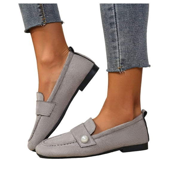 Penny Loafers for Women Elegant Pearl Suede Round Toe Slip on Flat Shoes Lightweight Casual Dressy Walking Shoes Gray Size 8