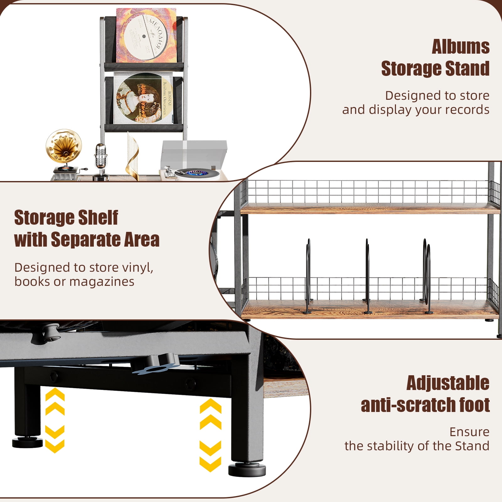 Vinyl Record Player Stand with Guitar Stand, Record Player Table with RGB LED Light, Record Player Cabinet with Vinyl Storage Holds up to 300+ Albums, Vinyl Player Stand for Home Use (Brown)