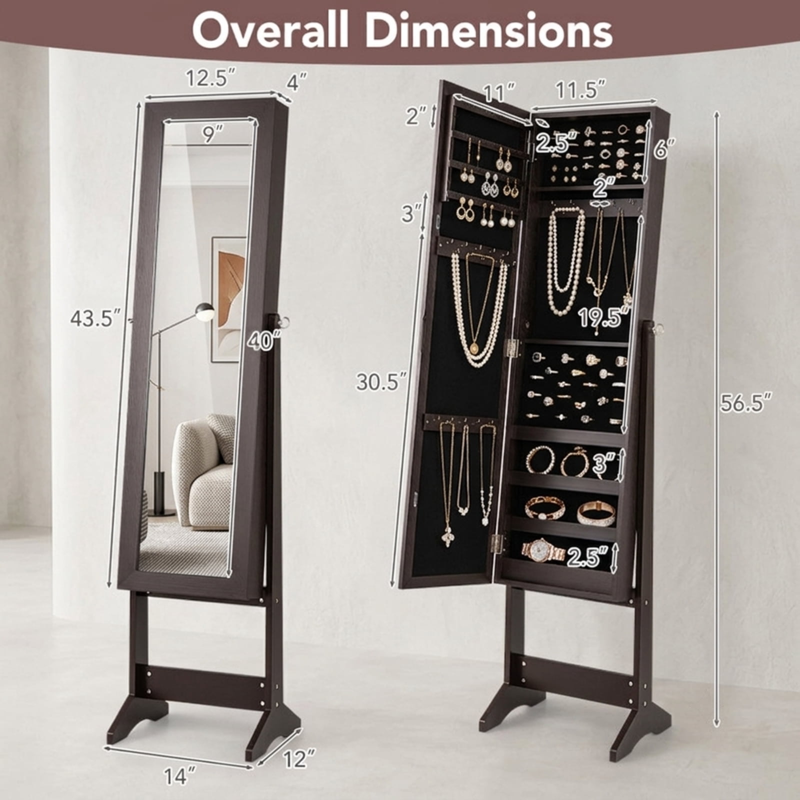 Furnibear Mirrored Standing Jewelry Cabinet Storage Box for Bedroom Dressing Room Jewelry Necklace Rings Storage Mirror, Rustic Brown