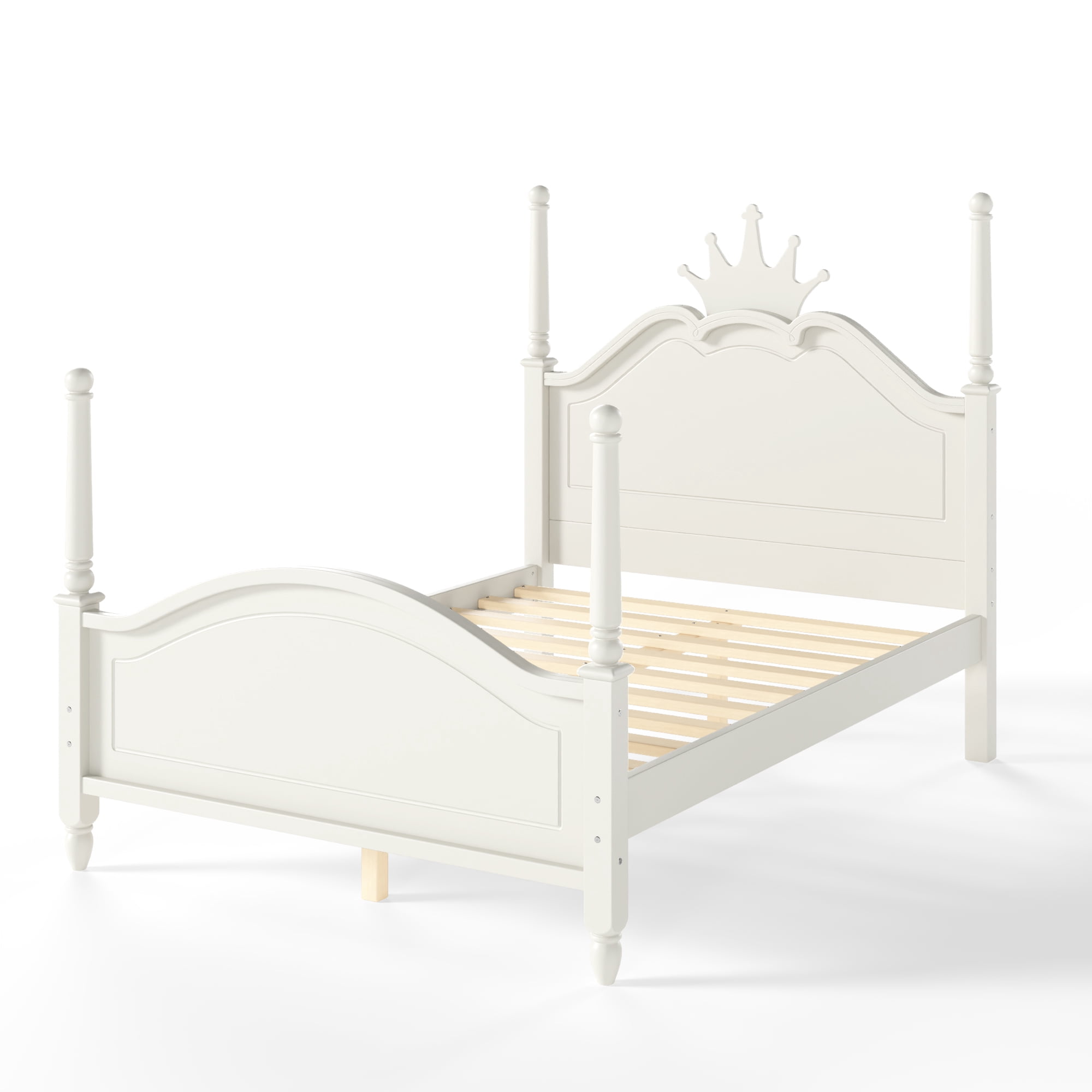 GARITIN Full Size Crown Shaped Platform Bed, Four Poster Wooden Bed Frame, Elegant Curved Headboard Bed Frame for Bedroom Guest Room, Beige