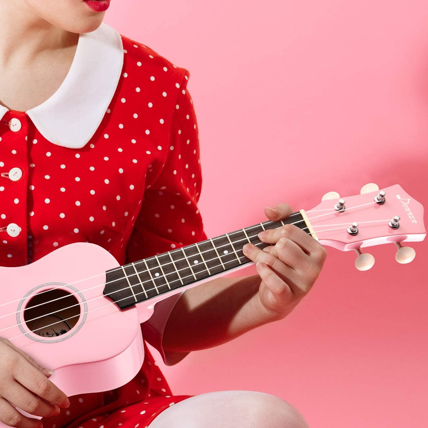 Donner Soprano Ukulele Beginner Kit for Kid Adult Student with Online Lesson 21 Inch Ukelele Bundle Bag Strap String Tuner Pick Polishing Cloth, Rainbow Series-Pink Color DUS-10K