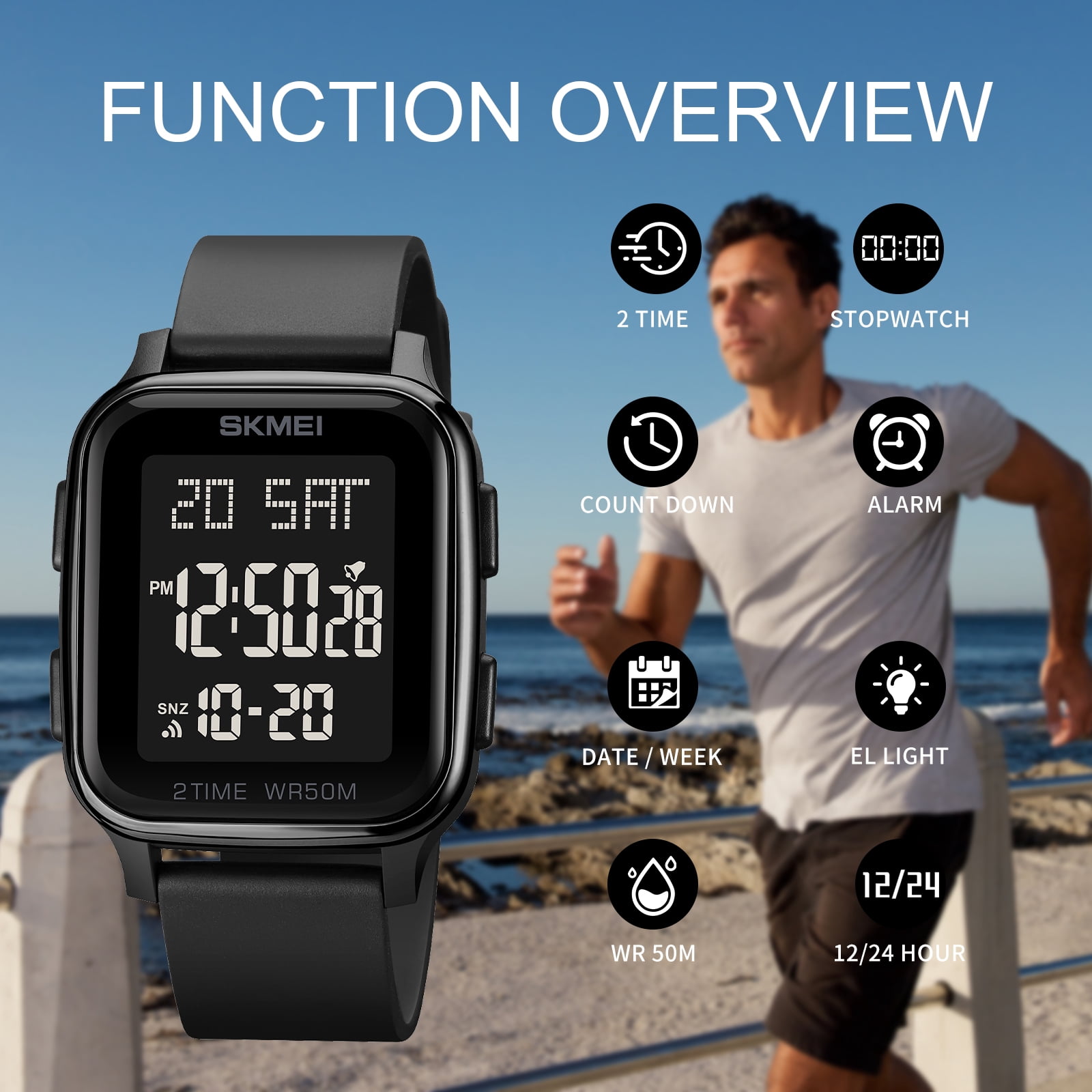 SKMEI Men's Digital Multifunction Watch Outdoor Casual Square 50M Waterproof Led Light Wristwatch