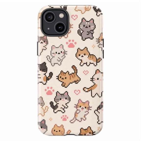 Cute Pixel Cat Phone Case, Aesthetic Kawaii Kitty Pattern with Hearts and Paws Cover for iPhone 17 16 15 14 13 12 11 Plus Pro Max Mini