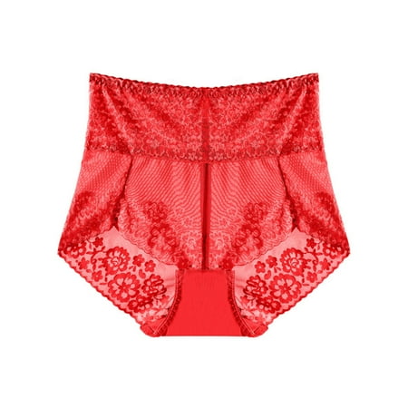 Lace Underwear Briefs for Women 1-Piece High Waist Panty Lightweight Breathable See-Through Panties (Large  Red)