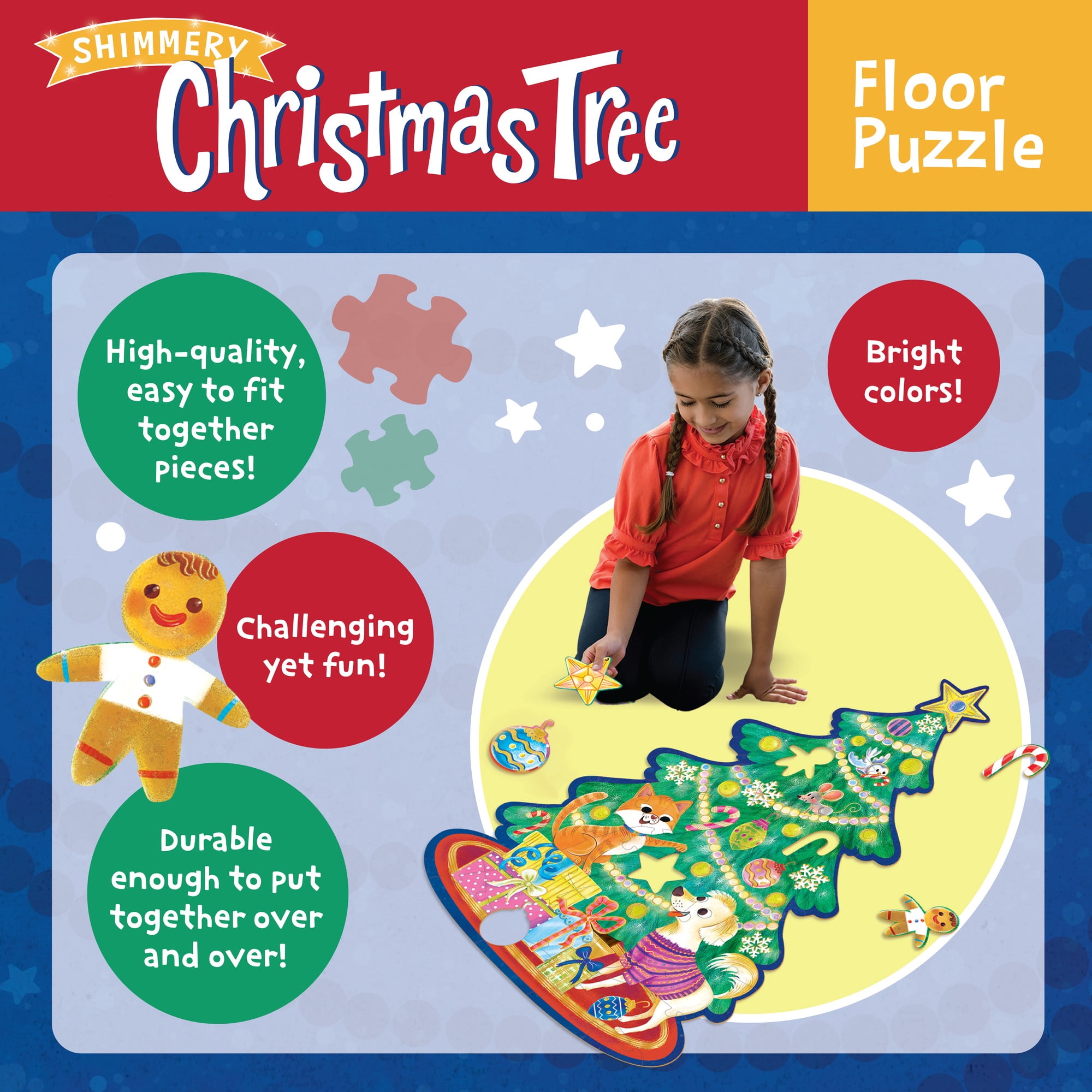 Peaceable Kingdom Shimmery Christmas Tree Floor Puzzle, 49 Puzzle Pieces Floor Puzzle for Kids