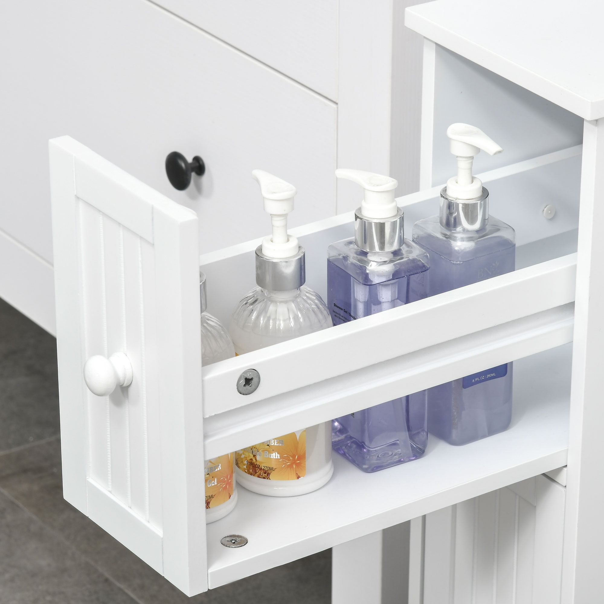 HOQBN Slim Bathroom Cabinet, Freestanding Storage Cabinet, Toilet Paper Holder with 2 Drawers, Side Towel Rack and Wheels, White