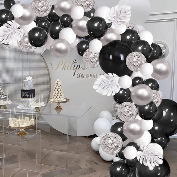 BESTSKY Black Silver White Confetti Balloons Arch Kit,12in Latex Balloons Garland Arches Kit for Birthday,Wedding,Anniversary,Celebrations Party Decoration