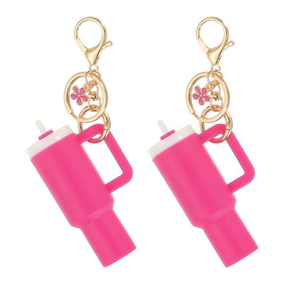 Uxcell Mini Cup Keychain, 2Pcs Mini Tumbler Keychain Lip Balm Holder Cute Cup Charm for Women Handbags Backpack, Rose Red Flower