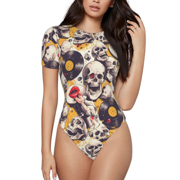 Saiise lips record rock Skull Pattern Women's Short-Sleeved Onesie Round Neck Pajamas Stretchy Bodysuit with Snap Closure-Small
