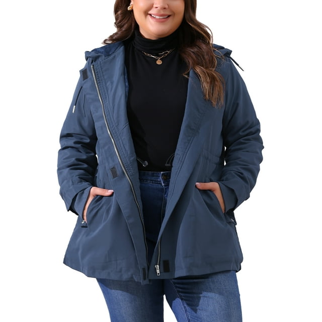 Chaqueta de lluvia para mujer de tallas grandes Agnes Orinda, impermeable, forrada de forro polar, con capucha, abrigo largo con bolsillos, 1X azul marino