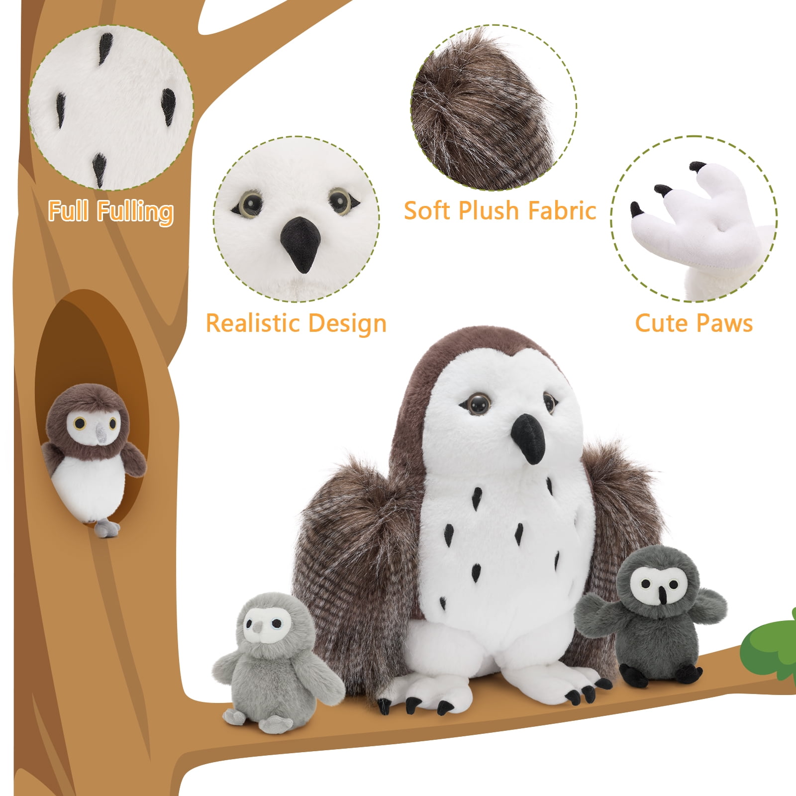 MorisMos 18" Brown Owl Stuffed Animal with 3 Baby Owls Plush Toys