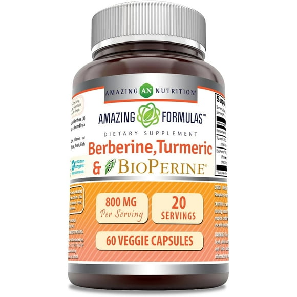 Amazing Formules Berbérine Curcuma & Biopérine 800 Mg par Portion Supplément 60 Capsules Végétales Sans-ogm Sans Gluten Fabriqué aux États-Unis