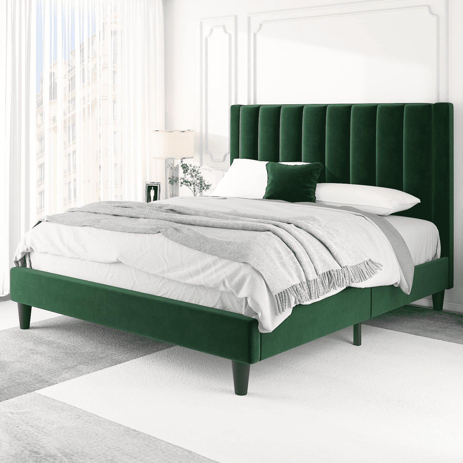 Einfach Full Size Platform Bed Frame with Velvet Vertical Headboard