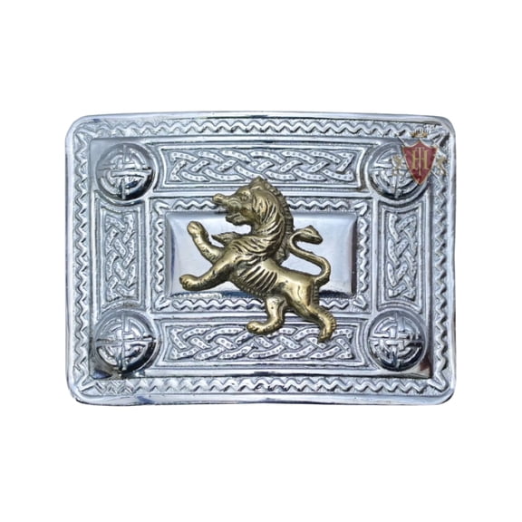 Scottish Celtic Design Chrome Buckle With Brass Rampart lion Badge