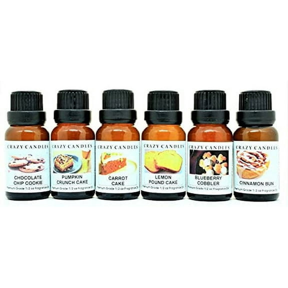 Crazy Candles 6 Bottles Set, 1 Blueberry Cobbler, 1 Carrot Cake, 1 Chocolate Chip Cookie, 1 Cinnamon Bun, 1 Lemon Pound Cake, 1 Pumpkin Crunch Cake 1/2 Fl Oz Each (15ml) Premium Fragrance Oi