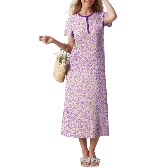MINTREUS Long Nightgowns for Women House Dress with Pockets Short Sleeve Nightshirt Henley Neck Moo Moos Sleepwear S-4X