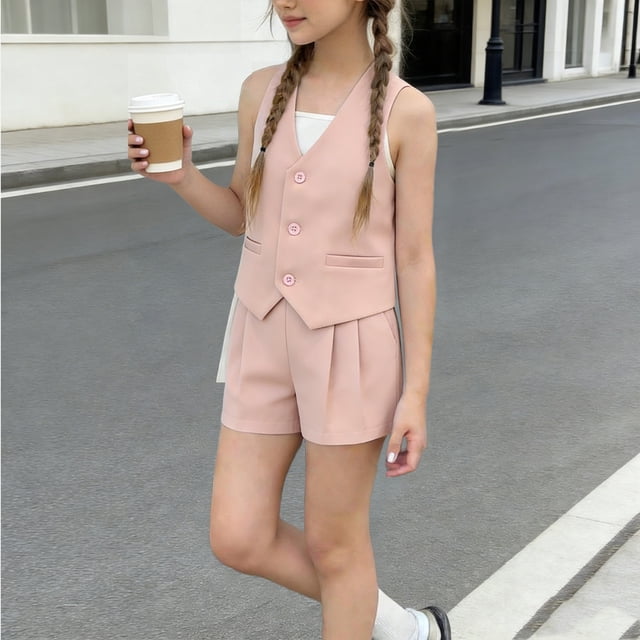 Zpanxa Summer Outfits for Girls Solid Color V Neck Sleeveless Button Waistcoat Top with Shorts 2 Piece Set 11-12 Years