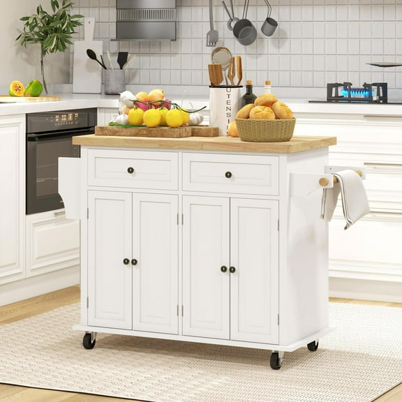 GVN Rolling Kitchen Table, Kitchen Island,Kitchen Island on Wheels, Rolling Cart with Rubberwood Top, Spice Rack, Towel Rack and Drawers, Cream White
