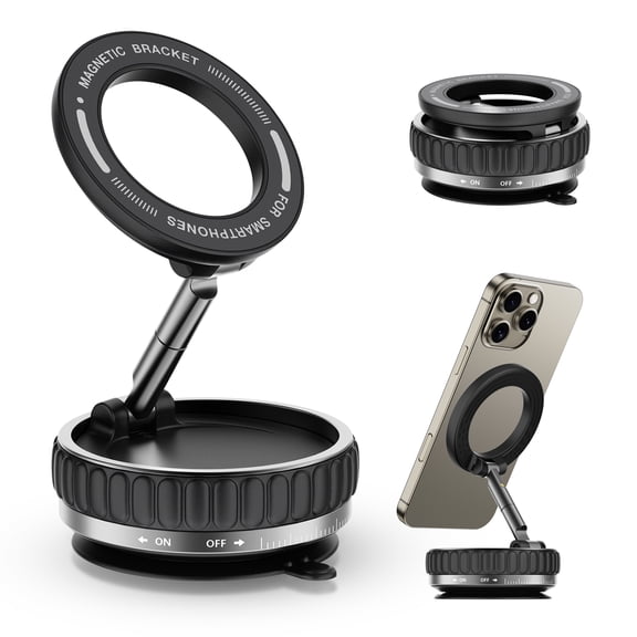 Vacuum Suction Magnetic Car Phone Mount, 360° Adjustable Foldable Dashboard Phone Holder, Compatible with MagSafe iPhone, Reusable Twist-Lock Base, Black