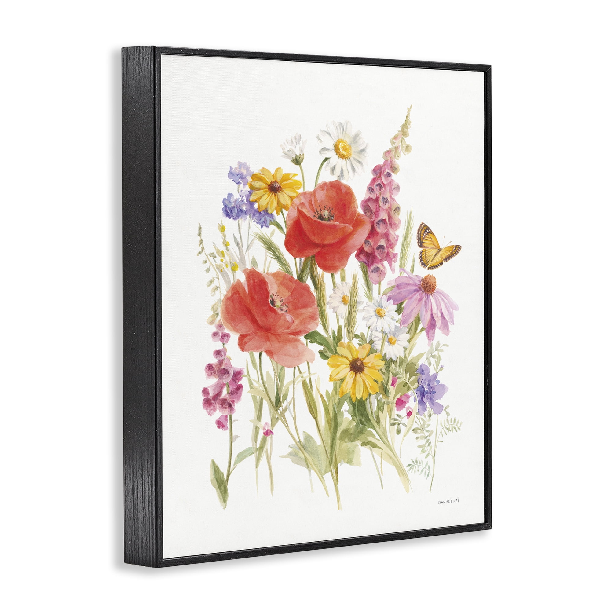 Stupell Industries Bright Flowers & Butterfly Botanical & Floral Painting Black Framed Art Print Wall Art, 16 x 20