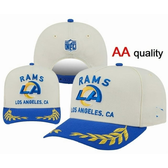 Los Angeles Rams Unisex Adjustable Baseball Cap with a structured fit, featuring embroidered team logo and text in blue and yellow on a white background. The curved brim includes gold laurel embroidery on a blue base, showcasing NFL fan gear and team spirit. Made from breathable, durable fabric, this cap is perfect for casual wear, outdoor activities, or cheering on your favorite team. Adjustable strap at the back ensures a comfortable fit for all head sizes.