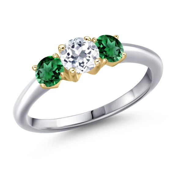 Gem Stone King 925 Silver and 10K Yellow Gold White Topaz and Green Nano Emerald Engagement Ring for Women | 1.20 Cttw | Round 5MM | Gemstone November Birthstone | Size 5