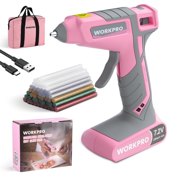 Pistola inalámbrica de pegamento caliente WORKPRO de 7,2 V, doble temperatura, con 50 barras de pegamento