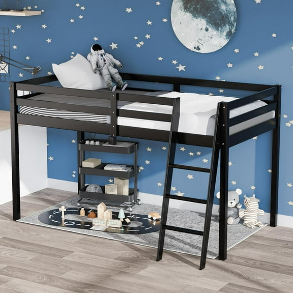 VINGLI Loft Bed Frame with Inclined Ladder, Solid Wood Loft Bed