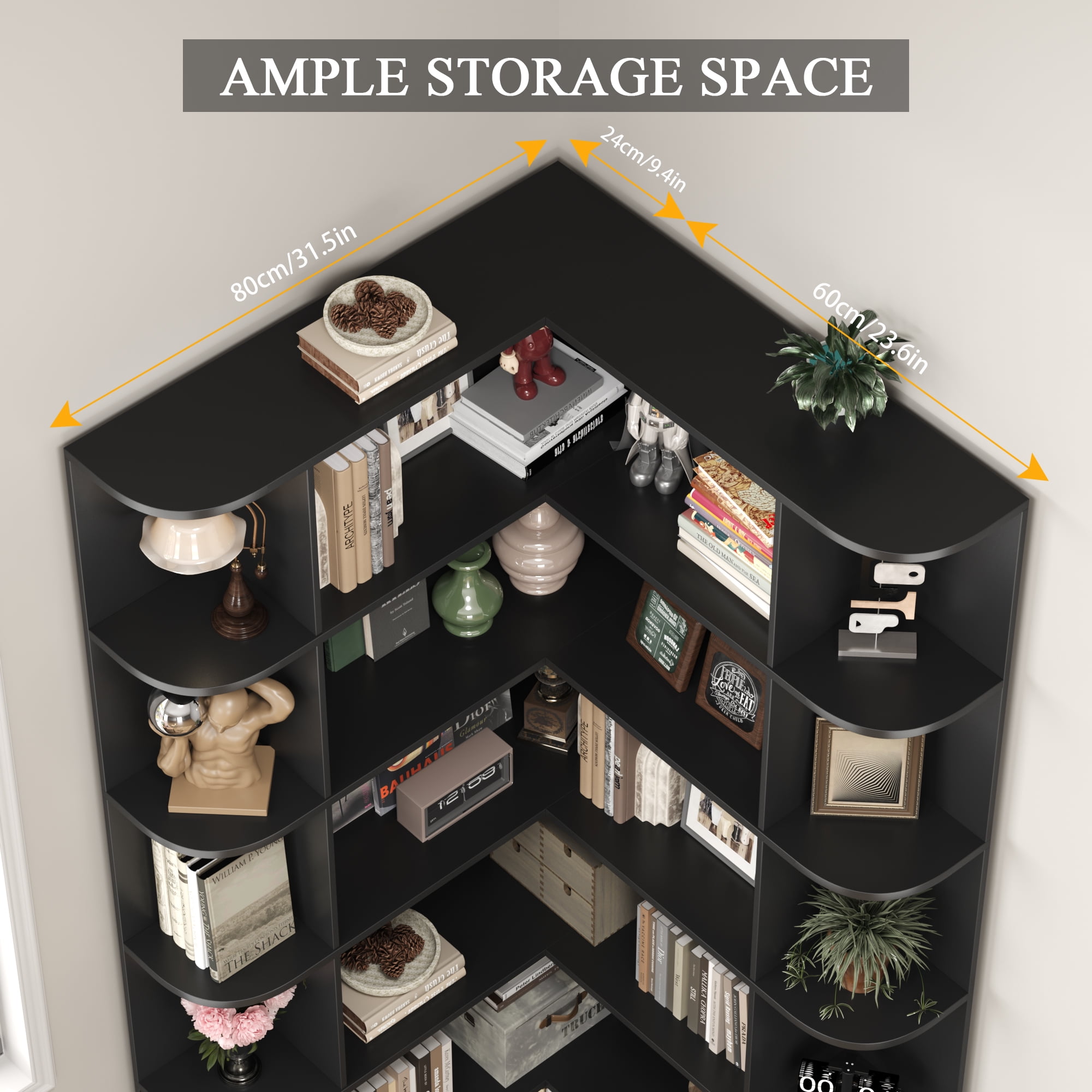 Homfa 73.9” Tall Corner Bookshelf, 6 Tier L-Shaped Large Display Bookcase with Curved Edges for Living Room Home Office Study, Black